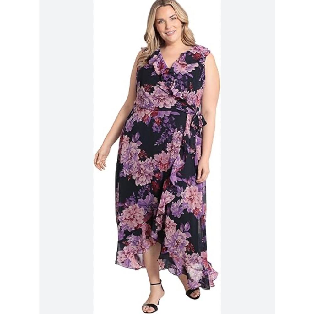 London Times Woman Navy Chiffon Faux Wrap Ruffle High Low Maxi Dress Size 20W